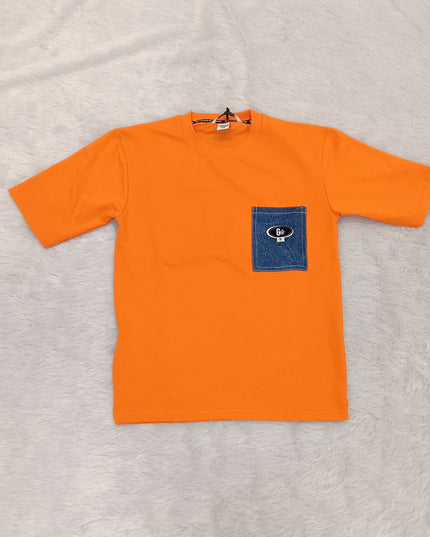 He and She Boys Orange Pocket Detail Cotton T-Shirt | Casual Half Sleeve Round Neck Tee