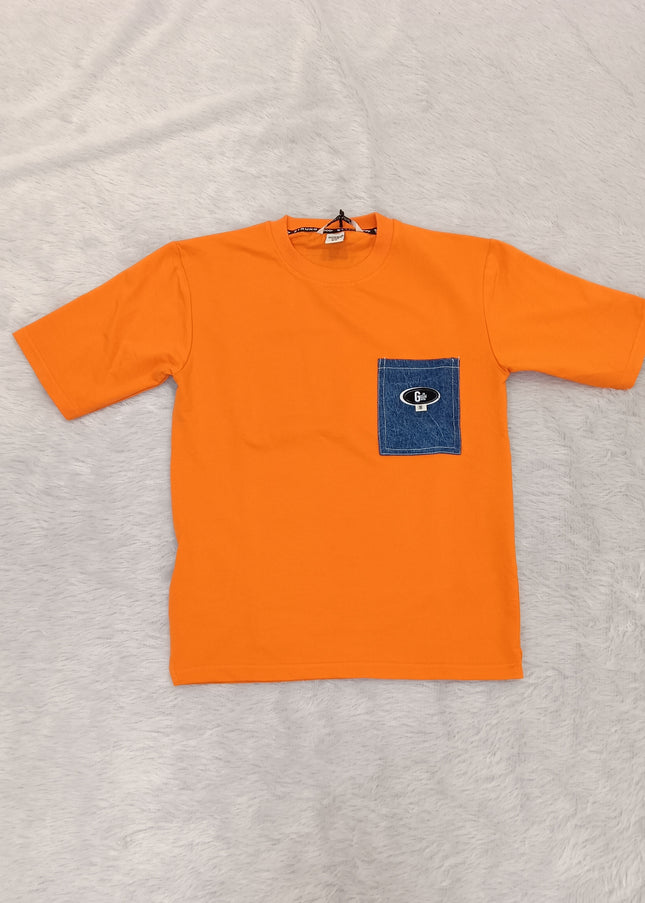 He and She Boys Orange Pocket Detail Cotton T-Shirt | Casual Half Sleeve Round Neck Tee