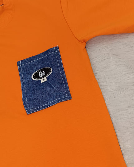 He and She Boys Orange Pocket Detail Cotton T-Shirt | Casual Half Sleeve Round Neck Tee