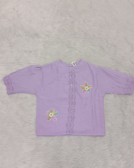 Girls Lavender Floral Lace Cotton Top for Kids | Stylish Casual Party Wear Top