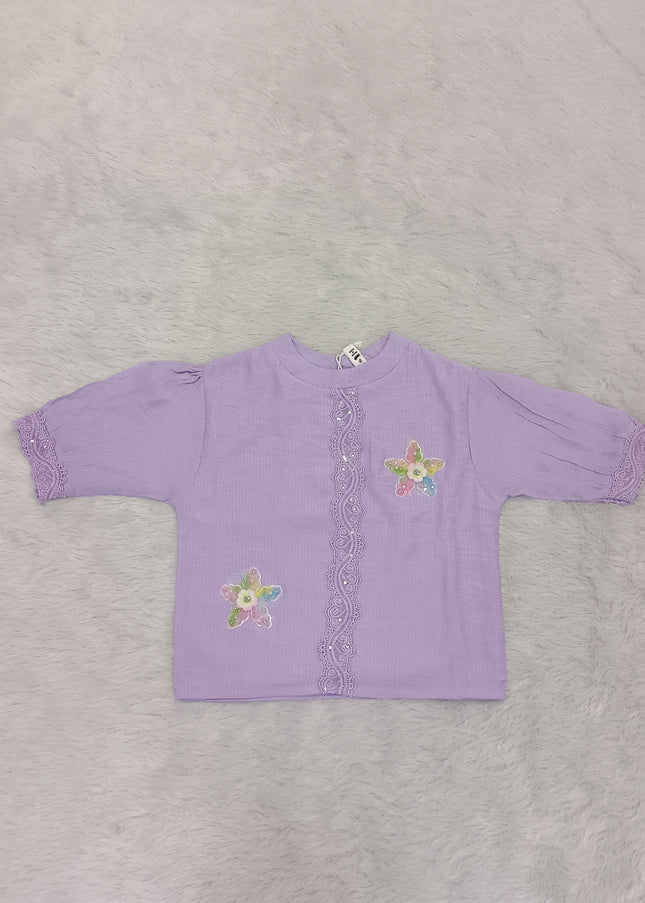 Girls Lavender Floral Lace Cotton Top for Kids | Stylish Casual Party Wear Top
