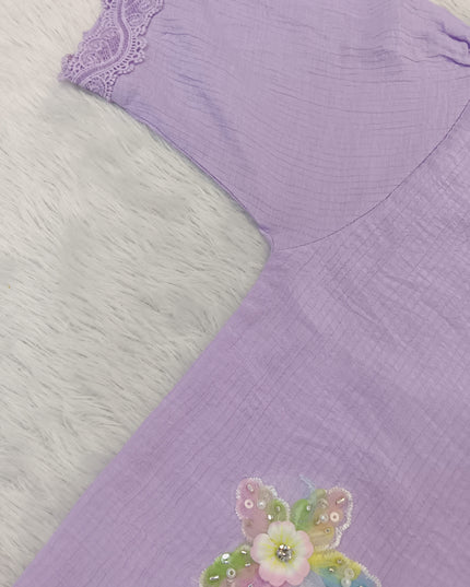 Girls Lavender Floral Lace Cotton Top for Kids | Stylish Casual Party Wear Top