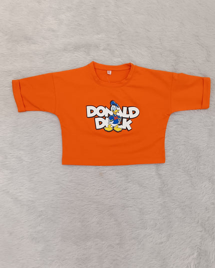 He and She Girls Orange Graphic Printed Cotton Top | Stylish Casual Wear for Kids