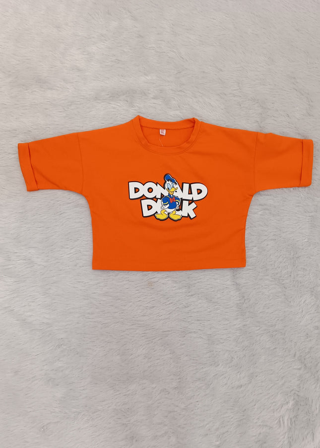 He and She Girls Orange Graphic Printed Cotton Top | Stylish Casual Wear for Kids