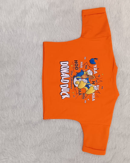 He and She Girls Orange Graphic Printed Cotton Top | Stylish Casual Wear for Kids