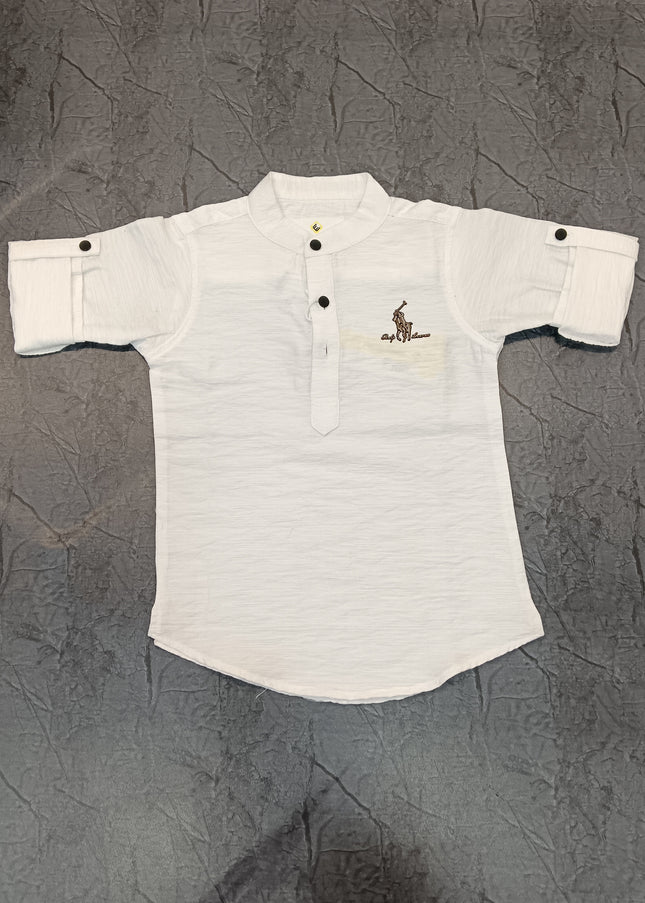 He and She Boys White Mandarin Collar Casual Shirt