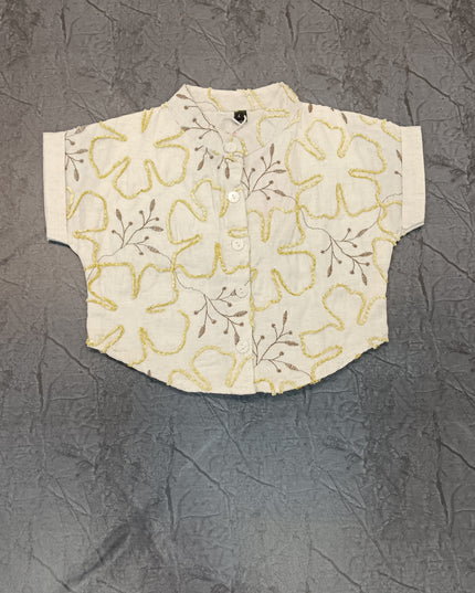 He and She Girls Floral Embroidered Mandarin Collar Top – Stylish Casual Cotton Blend Top for Girls