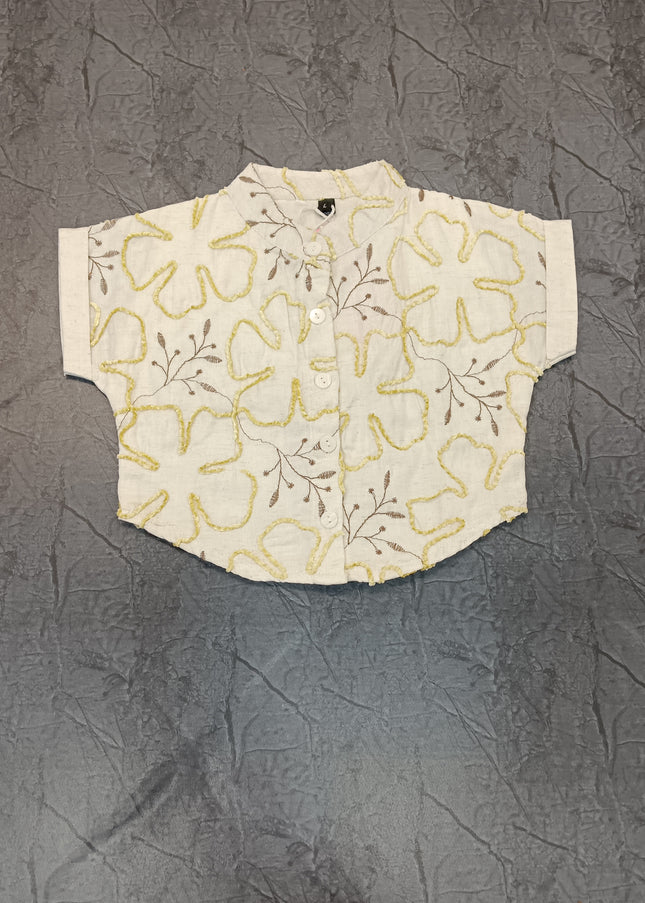 He and She Girls Floral Embroidered Mandarin Collar Top – Stylish Casual Cotton Blend Top for Girls
