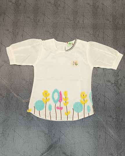 Girls White Floral Embroidered Top for Kids | Stylish Casual Party Wear Top