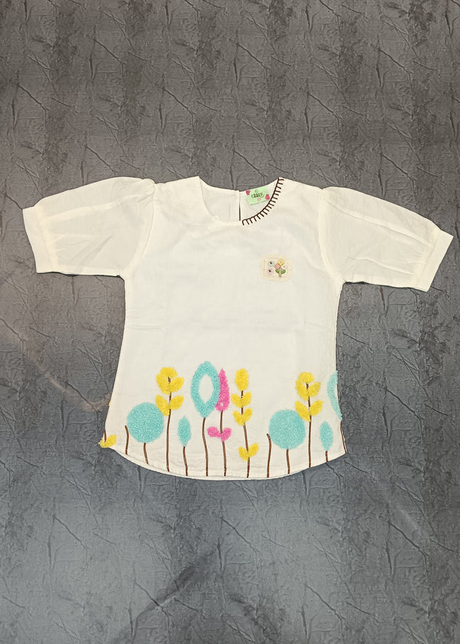 Girls White Floral Embroidered Top for Kids | Stylish Casual Party Wear Top