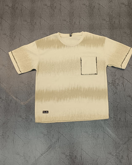 He And She Boys Beige Printed Pocket Cotton T-Shirt | Casual Round Neck Half Sleeve Tee for Kids