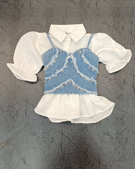 He and She Girls Denim Corset Style Puff Sleeve Top