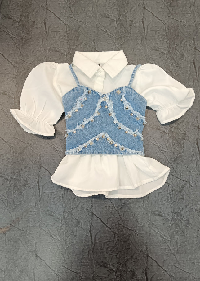 He and She Girls Denim Corset Style Puff Sleeve Top