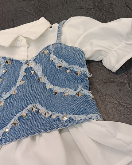 He and She Girls Denim Corset Style Puff Sleeve Top