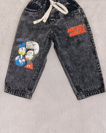 BOYS JEANS CODE-B52 He & She Boys Cartoon Print Denim Jeans | Elastic Waist Casual Kids Jeans | Grey Wash