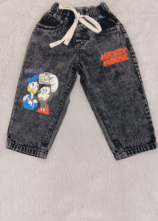 BOYS JEANS CODE-B52 He & She Boys Cartoon Print Denim Jeans | Elastic Waist Casual Kids Jeans | Grey Wash