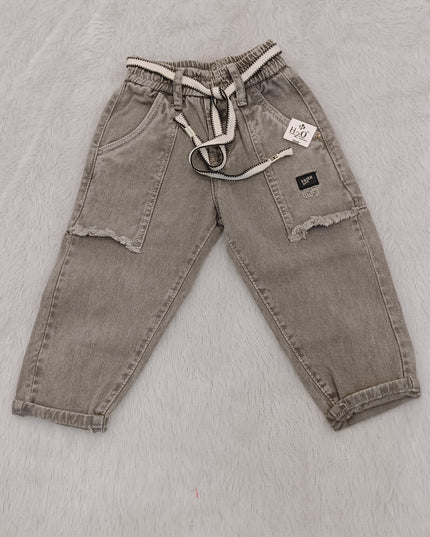 He and She Boys Washed Grey Denim Jeans with Drawstring Waist | Stylish Casual Kids Jeans