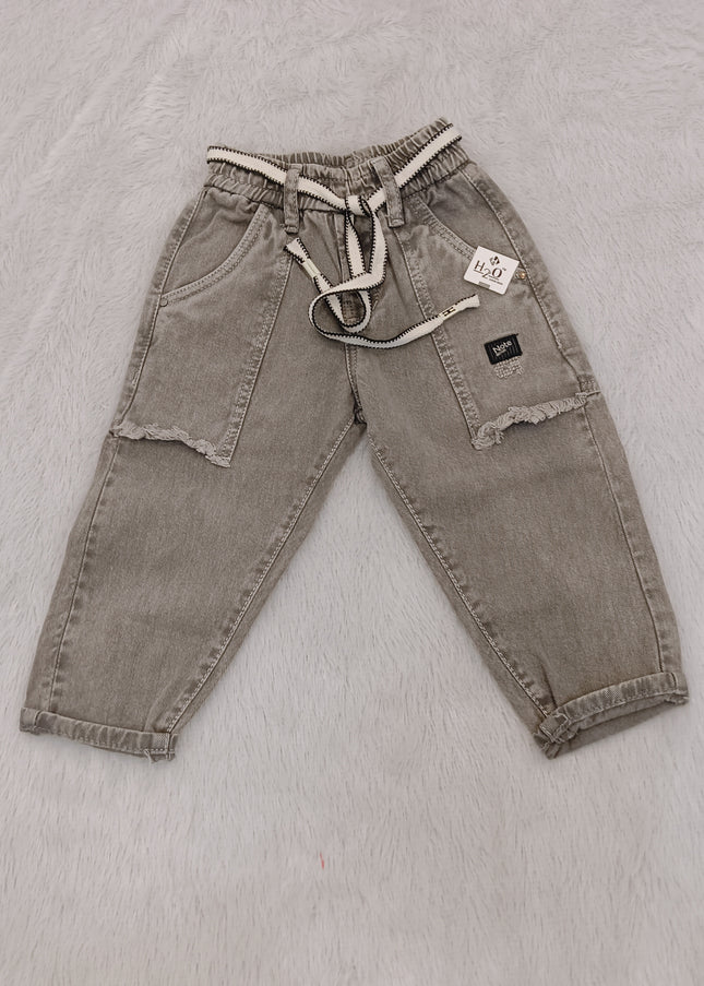 He and She Boys Washed Grey Denim Jeans with Drawstring Waist | Stylish Casual Kids Jeans