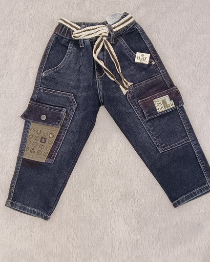 BOYS JEANS CODE-B61 He and She Boys Premium Cargo Style Denim Jeans with Adjustable Rope Belt | Dark Blue Kids Jeans