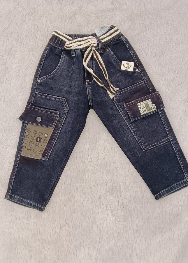 BOYS JEANS CODE-B61 He and She Boys Premium Cargo Style Denim Jeans with Adjustable Rope Belt | Dark Blue Kids Jeans