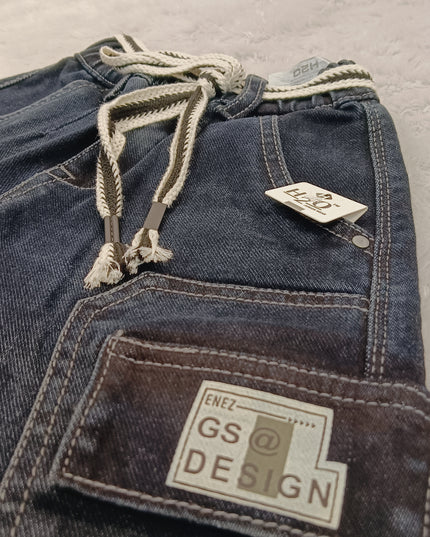 BOYS JEANS CODE-B61 He and She Boys Premium Cargo Style Denim Jeans with Adjustable Rope Belt | Dark Blue Kids Jeans
