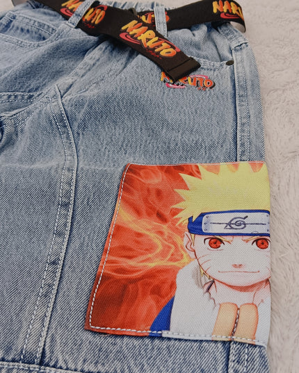 BOYS JEANS CODE-B58 He and She Boys Naruto Patch Light Blue Denim Jeans with Adjustable Belt | Stylish Casual Kids Jeans