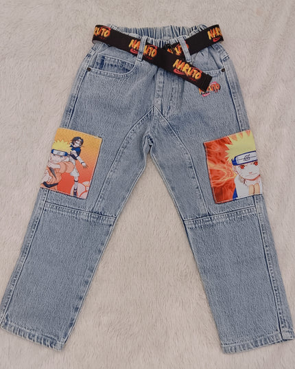 BOYS JEANS CODE-B58 He and She Boys Naruto Patch Light Blue Denim Jeans with Adjustable Belt | Stylish Casual Kids Jeans