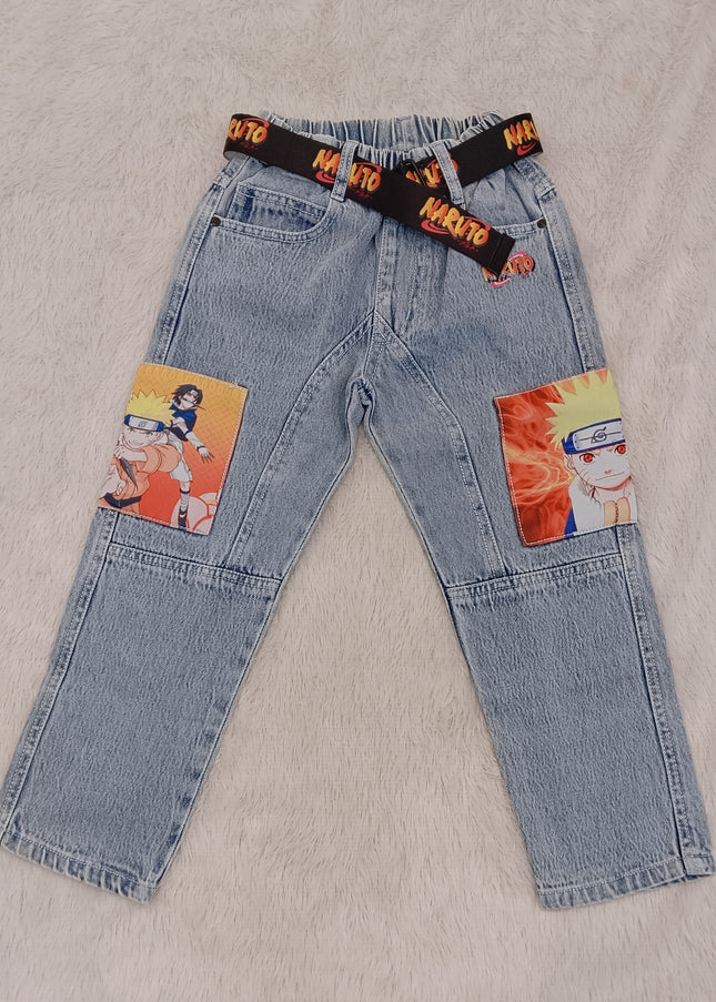 BOYS JEANS CODE-B58 He and She Boys Naruto Patch Light Blue Denim Jeans with Adjustable Belt | Stylish Casual Kids Jeans