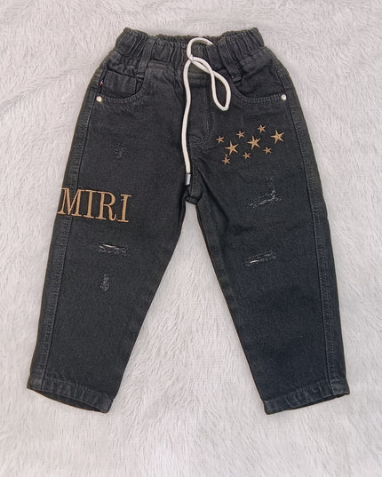 BOYS JEANS CODE-B55 Boys Black Embroidered Denim Jeans with Drawstring Waist | He and She Kidswear
