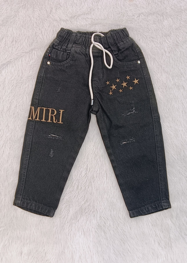 BOYS JEANS CODE-B55 Boys Black Embroidered Denim Jeans with Drawstring Waist | He and She Kidswear