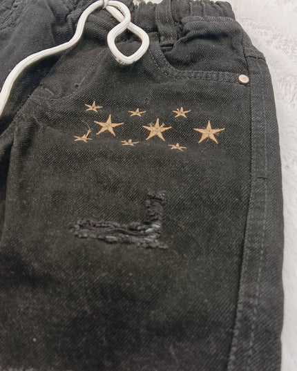 BOYS JEANS CODE-B55 Boys Black Embroidered Denim Jeans with Drawstring Waist | He and She Kidswear