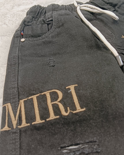 BOYS JEANS CODE-B55 Boys Black Embroidered Denim Jeans with Drawstring Waist | He and She Kidswear
