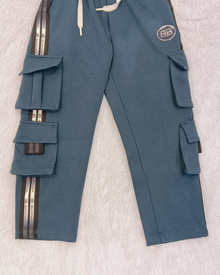 BOYS TRACK CODE-B57 Boys Blue Cargo Track Pants with Multi-Pocket Design | Premium Cotton Track Bottoms for Kids