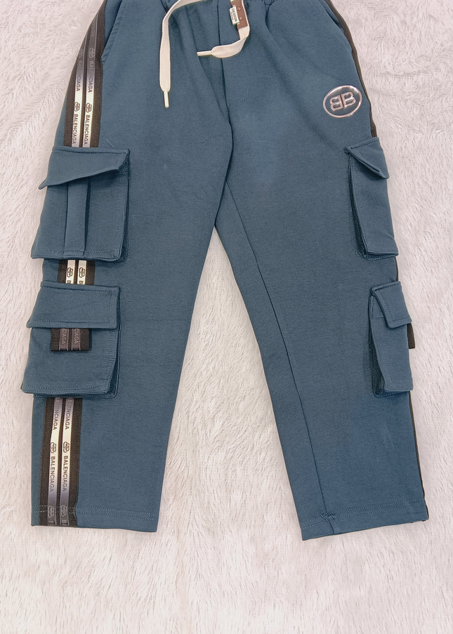 BOYS TRACK CODE-B57 Boys Blue Cargo Track Pants with Multi-Pocket Design | Premium Cotton Track Bottoms for Kids