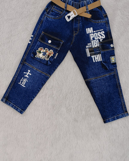 BOYS JEANS CODE-B53 He and She Boys Printed Cargo Denim Jeans with Adjustable Belt | Stylish Casual Jeans for Kids