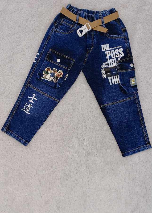 BOYS JEANS CODE-B53 He and She Boys Printed Cargo Denim Jeans with Adjustable Belt | Stylish Casual Jeans for Kids