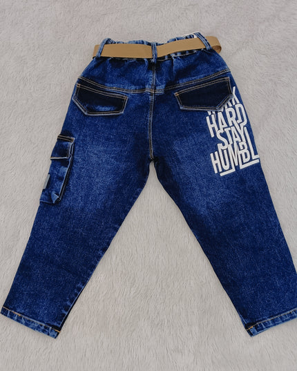 BOYS JEANS CODE-B53 He and She Boys Printed Cargo Denim Jeans with Adjustable Belt | Stylish Casual Jeans for Kids