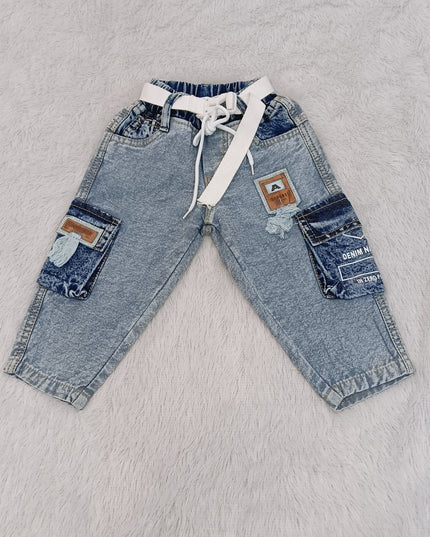 BOYS JEANS CODE-B66 He & She Boys Light Wash Cargo Denim Jeans with Adjustable Belt | Stylish Kids Denim Pants