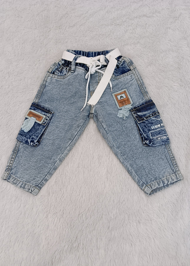 BOYS JEANS CODE-B66 He & She Boys Light Wash Cargo Denim Jeans with Adjustable Belt | Stylish Kids Denim Pants