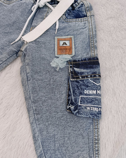 BOYS JEANS CODE-B66 He & She Boys Light Wash Cargo Denim Jeans with Adjustable Belt | Stylish Kids Denim Pants