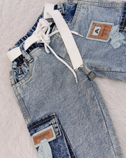 BOYS JEANS CODE-B66 He & She Boys Light Wash Cargo Denim Jeans with Adjustable Belt | Stylish Kids Denim Pants