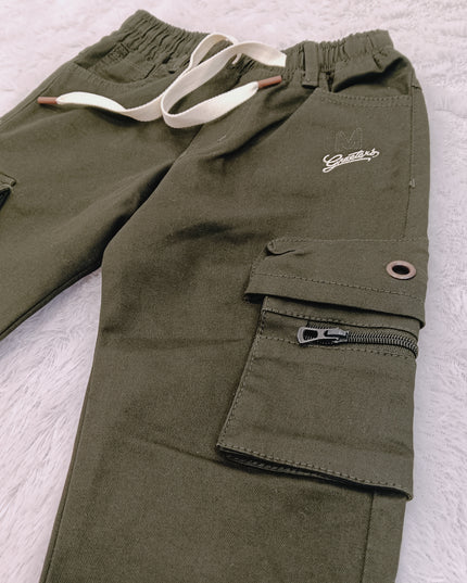 BOYS JEANS CODE-B63  He and She Boys Olive Green Cargo Pants | Stylish Multi-Pocket Casual Cotton Trousers for Kids