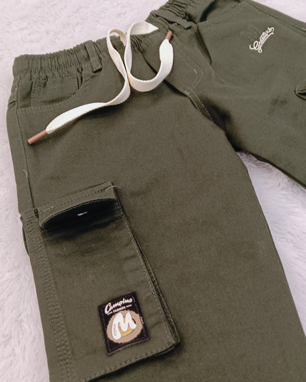 BOYS JEANS CODE-B63  He and She Boys Olive Green Cargo Pants | Stylish Multi-Pocket Casual Cotton Trousers for Kids