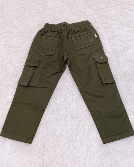 BOYS JEANS CODE-B63  He and She Boys Olive Green Cargo Pants | Stylish Multi-Pocket Casual Cotton Trousers for Kids