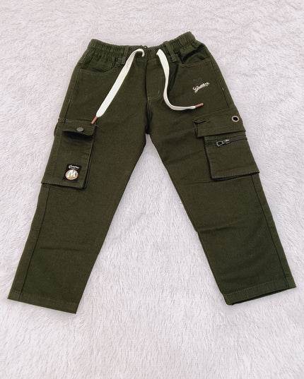 BOYS JEANS CODE-B63  He and She Boys Olive Green Cargo Pants | Stylish Multi-Pocket Casual Cotton Trousers for Kids
