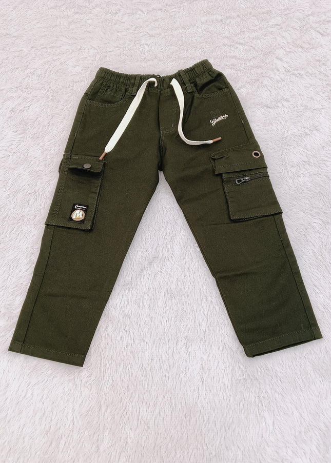 BOYS JEANS CODE-B63  He and She Boys Olive Green Cargo Pants | Stylish Multi-Pocket Casual Cotton Trousers for Kids