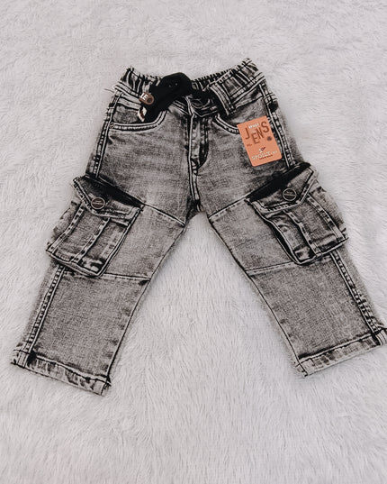 BOYS JEANS CODE-B64 He and She Boys Grey Washed Cargo Jeans | Stylish Multi-Pocket Denim Pants for Kids