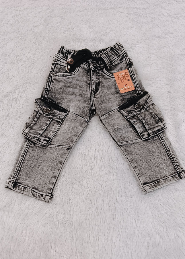 BOYS JEANS CODE-B64 He and She Boys Grey Washed Cargo Jeans | Stylish Multi-Pocket Denim Pants for Kids