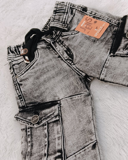 BOYS JEANS CODE-B64 He and She Boys Grey Washed Cargo Jeans | Stylish Multi-Pocket Denim Pants for Kids