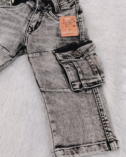 BOYS JEANS CODE-B64 He and She Boys Grey Washed Cargo Jeans | Stylish Multi-Pocket Denim Pants for Kids